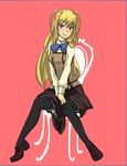  blonde chair crossdressing long_hair maria_holic mole red_eyes school_uniform shidou_mariya sitting smile thighhighs trap twin_tails 