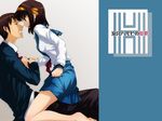  1girl blue_sailor_collar brown_hair eye_contact hairband kita_high_school_uniform kyon looking_at_another orange_hairband puyo sailor_collar school_uniform serafuku suzumiya_haruhi suzumiya_haruhi_no_yuuutsu wallpaper 