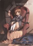  armchair bob_cut brown_eyes brown_hair bullpup chair gun gunslinger_girl handgun henrietta_(gunslinger_girl) instrument_case ishii_kumi kneehighs knees_up out_of_frame p90 pistol shitajiki short_hair sig_sauer sig_sauer_p239 sitting skirt socks solo_focus submachine_gun weapon 