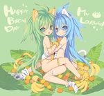  alternate_color animal_ears animal_print arms_around_waist bad_id bad_pixiv_id birthday blade_(galaxist) blue_eyes blue_hair breast_press breasts cat_ears cham_cham dual_persona flat_chest food fruit green_eyes green_hair multiple_girls no_panties paw_shoes samurai_spirits shoes small_breasts snk symmetrical_docking tail tiger_print 