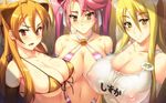  3girls bb bikini blonde_hair breasts brown_eyes brown_hair cleavage elbow_gloves erect_nipples female gloves highschool_of_the_dead huge_breasts long_hair marikawa_shizuka miyamoto_rei multiple_girls pink_hair school_swimsuit see-through swimsuit takagi_saya tank_top yellow_eyes yn_red 