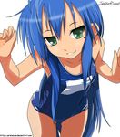  :3 armpits blue_hair collarbone flat_chest green_eyes highres izumi_konata long_hair lucky_star mole mole_under_eye naughty_face nilitsu one-piece_swimsuit school_swimsuit smile solo swimsuit thigh_gap vector_trace very_long_hair wet 