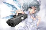  aiming_at_viewer bad_id bad_pixiv_id blue_eyes blue_hair breasts cirno cleavage finger_on_trigger foreshortening gangsta_hold gun handgun holding holding_gun holding_weapon ice ice_wings koh_(minagi_kou) medium_breasts open_clothes open_shirt pistol shirt solo touhou walther walther_p99 weapon wings 