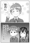  bad_id bad_pixiv_id comic greyscale hair_ribbon hirasawa_ui k-on! long_hair monochrome multiple_girls nakano_azusa ponytail ribbon school_uniform shimofuri_kaeru short_hair slit_pupils suzuki_jun translated twintails 