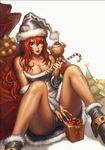  bare_shoulders breasts candy_cane chrisnfy85 christmas christmas_tree cleavage high_heels large_breasts long_legs oppai poorly_tagged present red_hair sitting suggestive teddy_bear 
