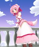  ahoge animal_ears bare_shoulders cloud day dog_days dog_ears dog_girl dog_tail dress gloves highres kahis_(sweetbriar) millhiore_f_biscotti open_mouth pantyhose pink_hair purple_eyes sky solo tail white_gloves white_legwear 