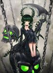  black_rock_shooter boyaking chain choker claws dead_master dress green_eyes green_hair holding holding_scythe horns scythe sitting skull solo weapon wings 