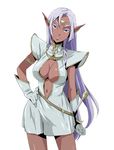  9aki armband breasts cleavage dark_elf dark_skin dress elf gloves hand_on_hip large_breasts lavender_hair long_hair navel pirotess pointy_ears purple_eyes record_of_lodoss_war solo thighs 