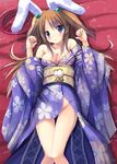  animal_ears breasts brown_hair bunny_ears cleavage copyright_request floral_print furisode japanese_clothes kimono legs lying medium_breasts no_panties obi open_clothes open_kimono purple_eyes sash solo syakatan 
