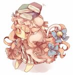  :&lt; animal_ears arms_up bad_id bad_pixiv_id balancing balancing_on_head bell blush book book_on_head bow cat_ears cat_tail chibi dress hair_bow hat kemonomimi_mode long_hair masirosu object_on_head patchouli_knowledge pink_dress pink_eyes pink_hair solo standing tail touhou very_long_hair 