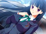  black_hair blue_hair blush chikan_senyou_sharyou dutch_angle erect_nipples game_cg koiizumi_amane long_hair purple_eyes school_uniform solo takatou_mizuki tartan 