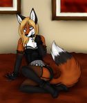  bed blonde_hair blue_eyes canine collar crossdressing fox hair heels high_heels jessie_fox legwear looking_at_viewer male mammal pinup pose scarlett_the_red solo stockings trap 