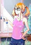  anjou_naruko ano_hi_mita_hana_no_namae_wo_bokutachi_wa_mada_shiranai. bad_id bad_pixiv_id bare_shoulders brown_eyes casual glasses hand_on_hip hose nyoijizai orange_hair shorts solo twintails 