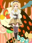  beret blonde_hair boots breasts candy charlotte_(madoka_magica) corset detached_sleeves drill_hair fingerless_gloves food gloves hair_ornament hat highres large_breasts lollipop magical_girl mahou_shoujo_madoka_magica muta_(munimuni) pleated_skirt shirt skirt smile swirl_lollipop taut_clothes taut_shirt thighhighs tomoe_mami witch's_labyrinth yellow_eyes zettai_ryouiki 