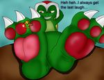  crushed foot_focus green_skin grimace grin macro micro mocking pawplay red_pawpads relaxing size_difference stomping struggling stuck unknown_artist white_claws 