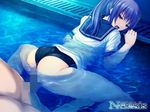  1girl asagiri_luna blue_hair censored clothed_sex coffee-kizoku game_cg gym_uniform long_hair looking_back marble_bloomers open_mouth ponytail pool purple_eyes school_uniform serafuku sex spread_legs text tongue vaginal water 