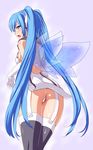  ass bare_shoulders black_legwear blue_eyes blue_hair blush collar from_behind gloves highres kawase_seiki long_hair looking_back nymph_(sora_no_otoshimono) open_mouth panties shiny shiny_skin solo sora_no_otoshimono standing thighhighs thong twintails underwear very_long_hair white_panties wings 