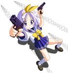  bullet_time dual_wielding gun handgun highres hiiragi_tsukasa holding lucky_star m1911 pistol rindou_(awoshakushi) ryouou_school_uniform school_uniform serafuku solo sweat weapon yellow_neckwear 