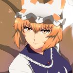  animal_ears anime_coloring bangs blonde_hair face fox_tail from_above hair_between_eyes hat kaiza_(rider000) lips looking_up multiple_tails short_hair solo sparkle tabard tail touhou upper_body yakumo_ran yellow_eyes 