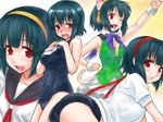 animal_ears bent_over blush buruma cat_ears cat_tail green_hair gym_uniform hairband headset idolmaster idolmaster_(classic) looking_at_viewer looking_back mole mole_under_mouth one-piece_swimsuit open_mouth otonashi_kotori red_eyes rona school_swimsuit school_uniform serafuku short_hair skirt smile swimsuit tail vest 