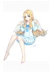 1girl :o absurdres bangs barefoot blonde_hair blue_bow blue_eyes bow collarbone dress eyebrows_visible_through_hair feathered_wings firo_(tate_no_yuusha_no_nariagari) highres invisible_chair legs lis_zhu_long long_hair long_sleeves looking_at_viewer parted_bangs short_dress signature sitting solo tate_no_yuusha_no_nariagari very_long_hair white_dress white_wings wings 