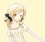  aoki_ume black_ribbon blonde_hair breasts casual cleavage colorized doujinshi drill_hair hair_ribbon mahou_shoujo_madoka_magica medium_breasts non-web_source polka_dot polka_dot_background ribbon solo tomoe_mami twin_drills twintails yellow yellow_eyes 