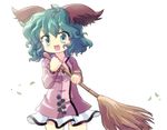  animal_ears asyura7 bad_id bad_pixiv_id bamboo_broom broom fang green_eyes green_hair kasodani_kyouko leaf open_mouth pink_skirt skirt smile solo touhou 