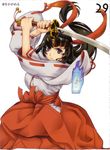  absurdres black_hair eiwa fighting_stance hakama headband highres japanese_clothes miko ofuda purple_eyes queen's_blade red_hakama ribbon-trimmed_sleeves ribbon_trim solo sword tomoe weapon 