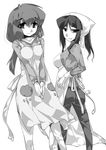  2girls apron back hairan long_hair monochrome multiple_girls original smile 