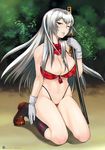  areolae artbook bikini bow breasts chouun_shiryuu cleavage fanbook gloves green_eyes highleg highleg_bikini highleg_swimsuit highres ikkitousen ikkitousen_dragon_destiny kneehighs kneeling large_breasts long_hair naughty_face official_art one_eye_closed scan silver_hair socks solo swimsuit sword wamusato_haru weapon 