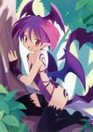  aquarian_age demon fang highres pointy_ears purple_hair slit_pupils smile solo thighhighs tree wings yamamoto_keiji 