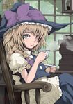  blonde blue_eyes book bow braids chair cup dress hat kirisame_marisa ribbon ryuno sitting tie tie_cup touhou window witch witch_hat 