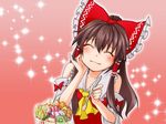  ^_^ ascot bangs blush bow brown_hair closed_eyes detached_sleeves facing_viewer food foodgasm frilled_shirt_collar frills fruit hair_bow hair_tubes hakurei_reimu hand_on_own_cheek hand_on_own_face happy head_tilt holding holding_spoon ice_cream kiwifruit light_smile long_hair melon monrooru orange orange_slice pink_background pinky_out popsicle ribbon_trim sidelocks solo sparkle spoon strawberry_syrup sundae touhou upper_body whipped_cream 