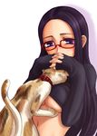  animal bestiality breasts cat clothes_lift glasses hands_together kneading large_breasts long_hair naoki_(shibu_asa_ryo) original own_hands_together red-framed_eyewear sleeves_past_wrists solo sweater sweater_lift underboob 