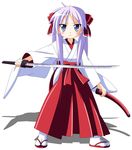  blue_eyes highres hiiragi_kagami japanese_clothes katana long_hair lucky_star miko purple_hair rindou_(awoshakushi) solo sword twintails weapon 