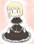  black_dress blonde_hair blush bob_cut capelet chibi dress flying_sweatdrops frills fuugetsu_oreha_ikiru nichijou sekiguchi_yuria short_hair solo |_| 