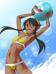  ball bandana beach beachball bikini black_hair brown_eyes dark_skin heroman kouun lina_davis long_hair mizugi splash water 