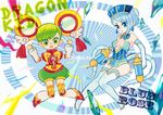  bare_shoulders blue_eyes blue_hair blue_rose_(tiger_&amp;_bunny) boots breasts character_name chibi chinese_clothes cleavage crystal_earrings detached_sleeves dragon_kid dual_wielding earrings elbow_gloves gloves green_eyes green_hair gun hair_ornament hat holding huang_baoling jewelry jumping karina_lyle medium_breasts multiple_girls rarara-men short_hair shorts thigh_boots thighhighs tiger_&amp;_bunny weapon 
