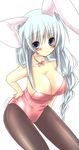  absurdres amane_ruri animal_ears black_legwear blue_eyes blush breasts bunny_ears bunny_girl bunnysuit cleavage highres kemonomimi_mode large_breasts long_hair md5_mismatch pantyhose silver_hair simple_background solo touhou yagokoro_eirin 