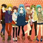  6+girls alternate_hairstyle aqua_eyes aqua_hair beret bespectacled blonde_hair blue_eyes blue_legwear brown_eyes brown_hair camera casual dress fashion glasses goggles goggles_on_head green_hair gumi hair_ornament hairclip hat hatsune_miku headphones highres kaai_yuki kagamine_len kagamine_rin komine long_hair megurine_luka mr._music_(vocaloid) multiple_girls pantyhose pink_hair shoes short_hair skirt smile thighhighs twintails vocaloid vocaloid_append zettai_ryouiki 