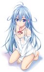  :o ahoge antenna_hair bad_id bad_pixiv_id bare_legs bare_shoulders barefoot big_wednesday blue_eyes blue_hair bow denpa_onna_to_seishun_otoko flat_chest kneeling long_hair nipples off_shoulder open_clothes open_mouth open_shirt see-through shirt solo touwa_erio wet wet_clothes wet_shirt 