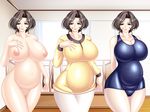 areolae breast_hold breasts brown_hair cameltoe clavicle curvaceous hips huge_breasts indoors lips milf mizugi navel nipples nude oppai pregnant puffy_nipples red_eyes ring short_hair sleeveless tagme thighs wide_hips window 