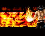  1boy abs belt black_background black_hair fire freckles grin hat hat_over_eyes jewelry knife male male_focus muscle necklace one_piece portgas_d_ace sad_face smile smiley_face solo topless wallpaper weapon 
