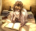  animal_ears bad_feet barefoot bed book brown_hair downblouse glasses head_rest kabocha_(monkey4) kemomimi_megane_shisho-san long_hair lying on_bed on_side open_book original purple_eyes reading solo 