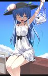  adapted_costume bag blue_hair blue_sky closed_eyes day dress food fruit hat hinanawi_tenshi holding_up long_hair mamo_williams open_mouth peach sitting skirt sky smile solo sundress thighs touhou wall white_skirt 