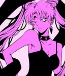  1girl artist_request bare_shoulders bishoujo_senshi_sailor_moon bishoujo_senshi_sailor_moon_r black_lady breasts chibi_usa choker cleavage close-up crescent earrings jewelry long_hair pink simple_background solo twintails 