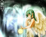  closed_eyes collar green_hair light original solo tomomimi_shimon wallpaper wings 