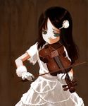  bangs black_hair brown_background brown_hair closed_mouth cowboy_shot dress eyelashes flower frown gloves green_eyes hair_flower hair_ornament hairpin instrument lace long_hair music original outstretched_arms pale_skin playing_instrument shiden_(t41xz) short_sleeves solo violin white_dress white_flower white_gloves 
