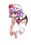  1girl bangs bat_wings black_eyes blush bow chibi collar collared_dress dairi dress eyebrows_visible_through_hair full_body hair_between_eyes hands_up hat hat_ribbon looking_to_the_side mob_cap no_shoes open_mouth pink_eyes puffy_short_sleeves puffy_sleeves purple_hair red_bow red_ribbon remilia_scarlet ribbon short_hair short_sleeves simple_background socks solo standing tachi-e touhou transparent_background white_dress white_headwear white_legwear white_sleeves wings wrist_cuffs 