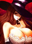  bare_shoulders breasts brown_eyes brown_hair cleavage detached_sleeves dragon's_crown dress finger_to_mouth hane_(hanegoya) huge_breasts long_hair naughty_face solo sorceress_(dragon's_crown) strapless strapless_dress 